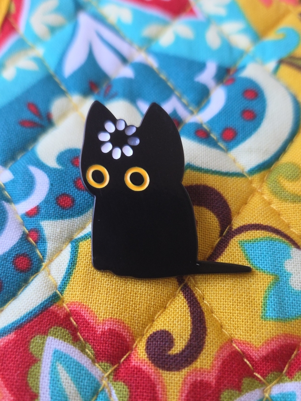 Black Enamel Cat Pin with Yellow Eyes - Pet Accessory